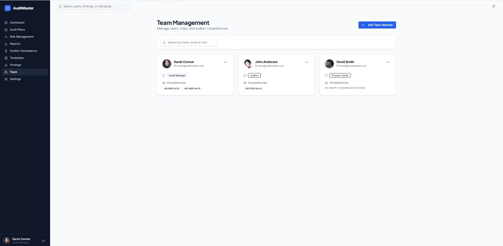 Team Management Interface