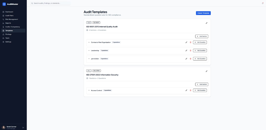 Audit Templates Interface