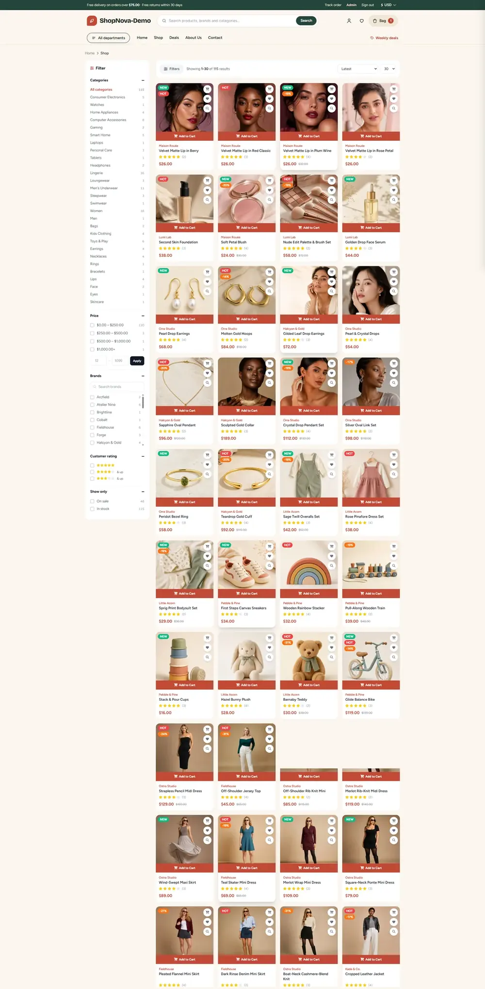 ShopNova shop page: product listing with category, price, brand and rating filters